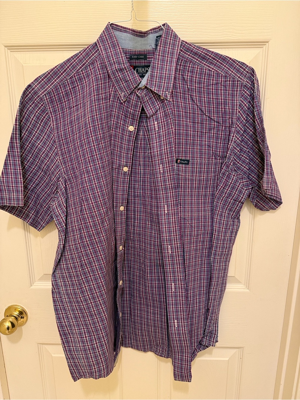 Chaps Men’s Short-Sleeve Plaid Button-Down Shirt in Purple and Blue